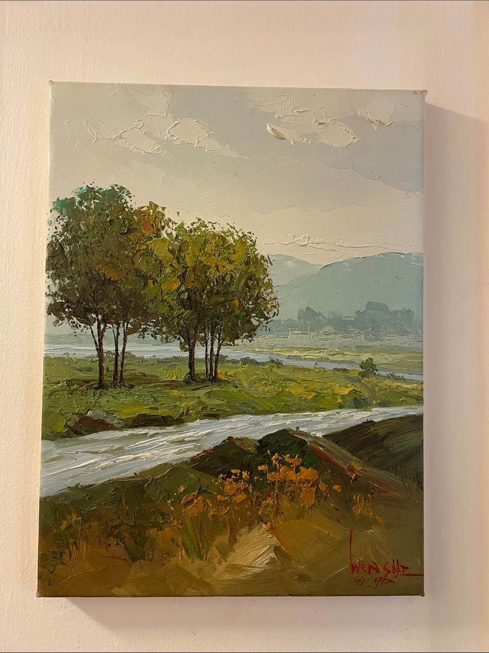 Original Landscape Oil Painting in Green and Blue by